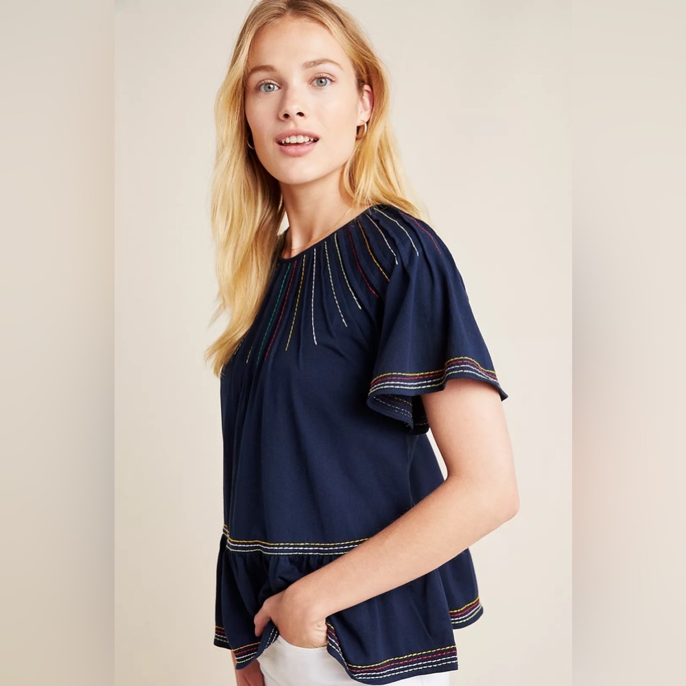 Maeve Anthropologie Chamonix Embroidered Swing Top Navy Blue S
